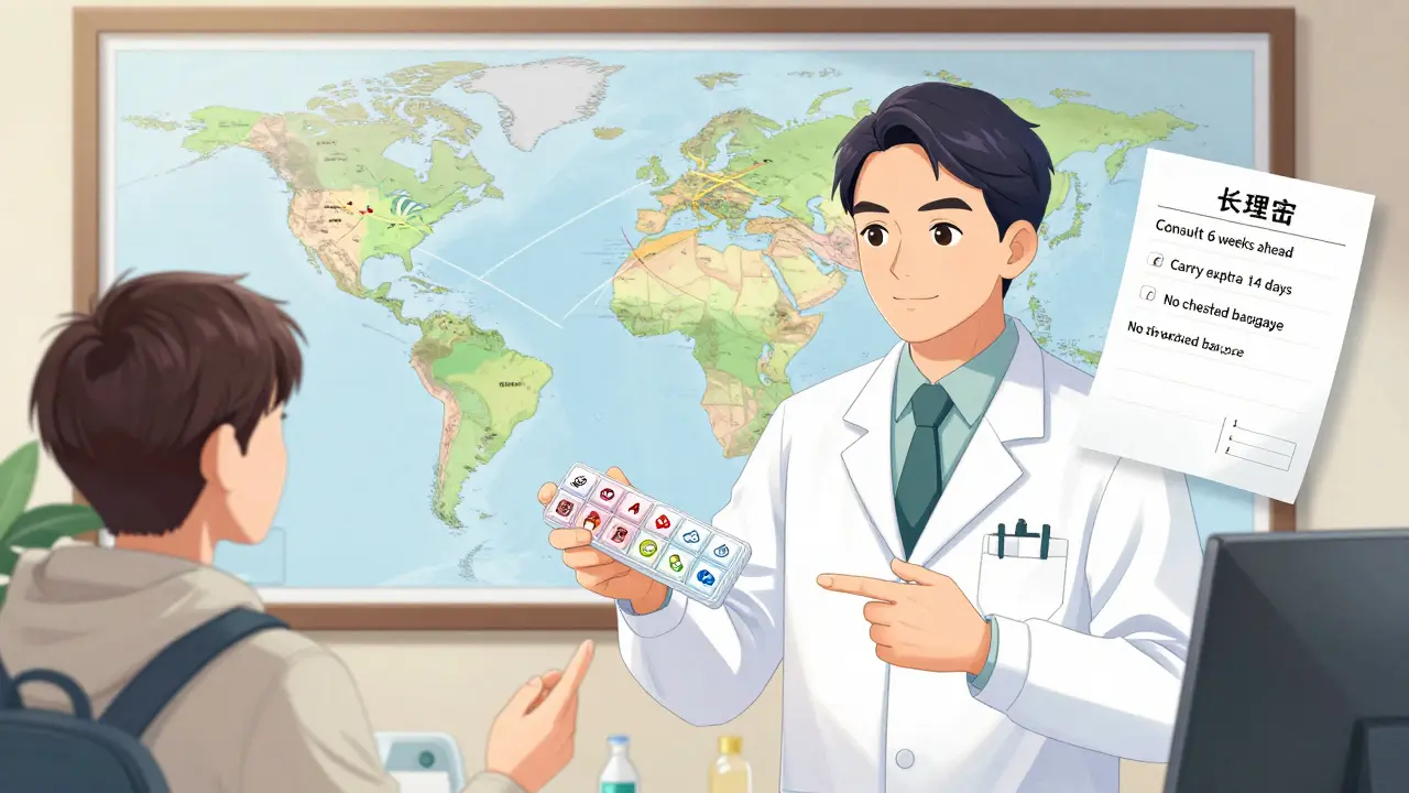 Un pharmacien aide un voyageur à préparer ses médicaments avec un organiseur et une checklist de voyage.