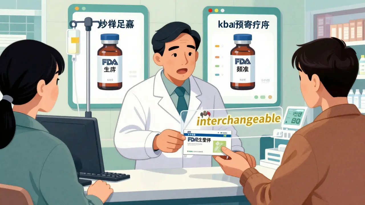 Un pharmacien remet un biosimilaire à un patient, avec un sceau FDA 'interchangeable' en arrière-plan.