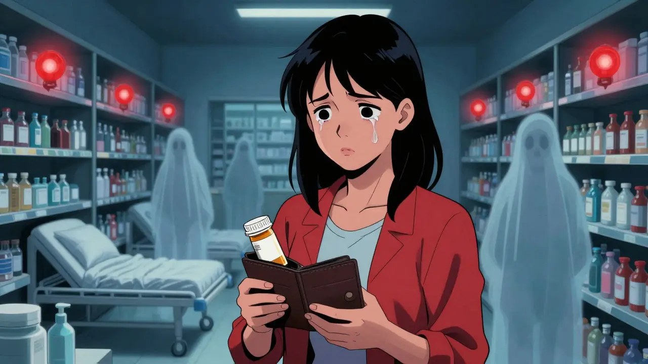 Une femme dans une pharmacie, le portefeuille vide, face au coût des médicaments.