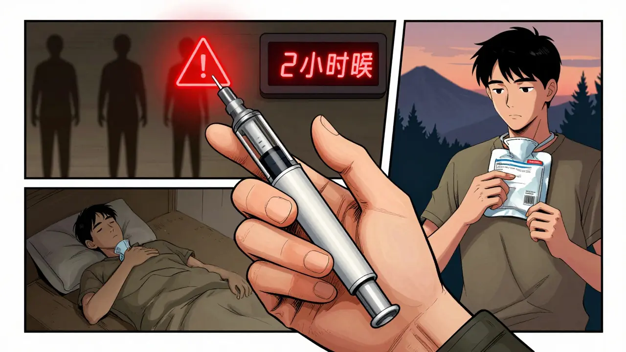 Une personne tient un stylo à insuline avec une alerte de retard, tandis qu’un sac isotherme protège le médicament.