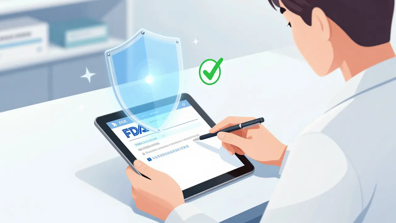 Achat sécurisé de médicaments en ligne avec symboles de certification et de confiance.