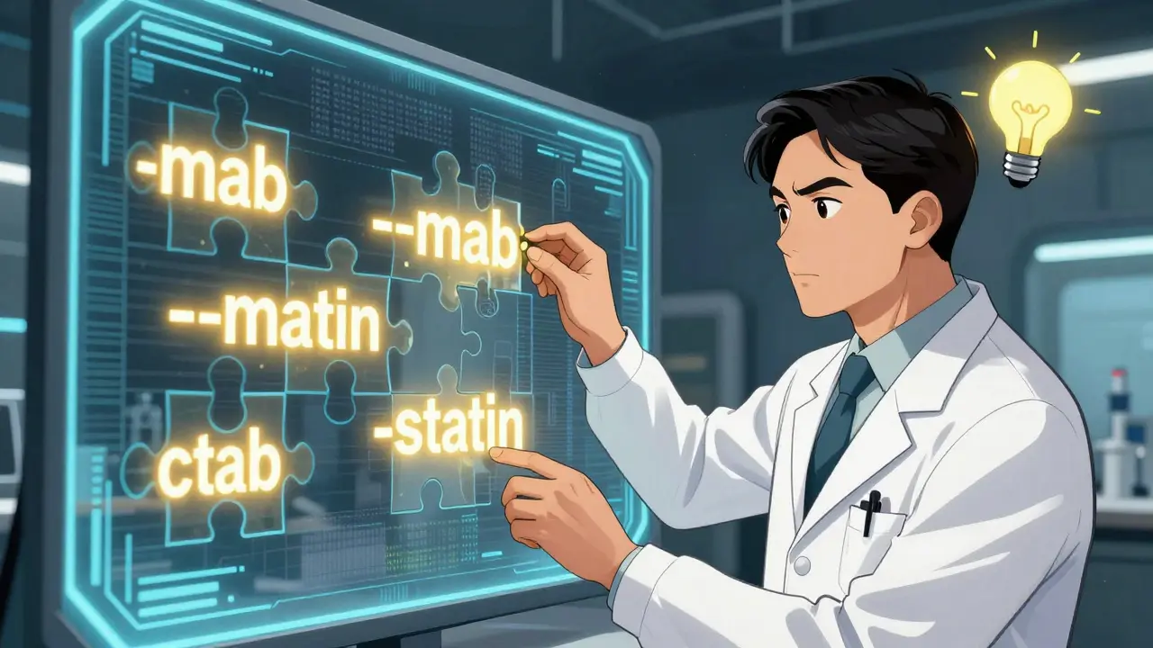 Chercheur analysant les racines et suffixes des noms de médicaments sur un écran.