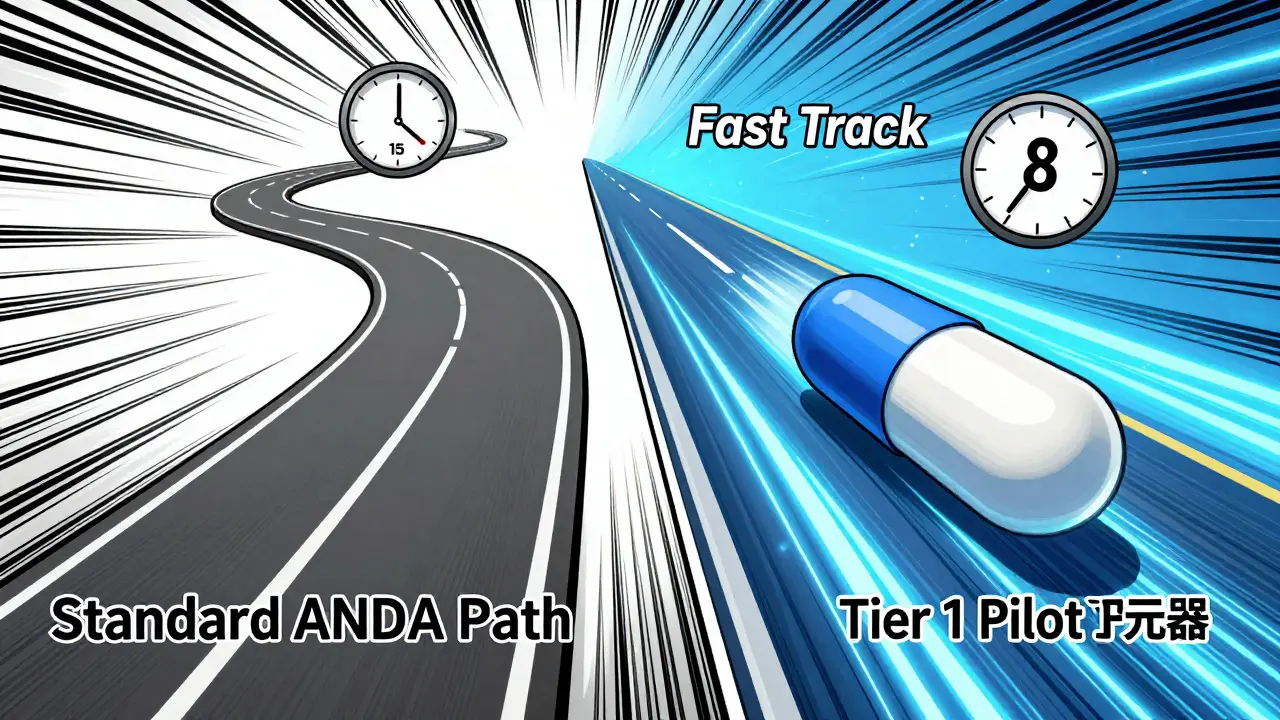 Comparaison visuelle entre le parcours d'approbation standard et le programme pilote rapide de la FDA.