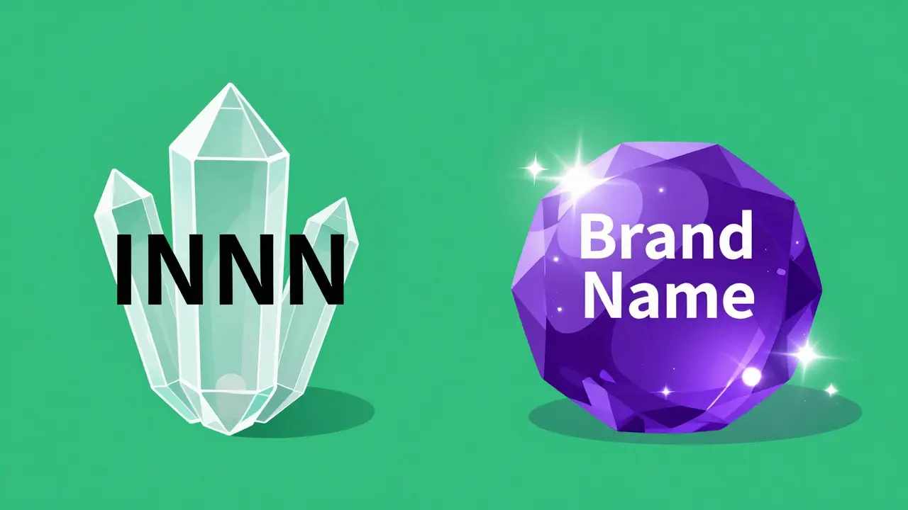 Comparaison visuelle entre un nom générique transparent et un nom de marque brillant.