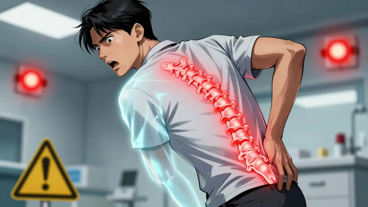 Dessin style manhua illustrant l'urgence médicale d'une compression nerveuse au bas du dos.