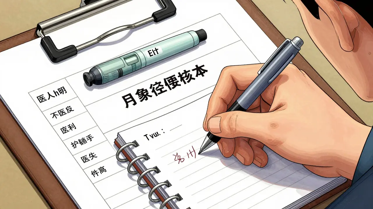 Gros plan sur un carnet de notes, des contacts d'urgence et un auto-injecteur