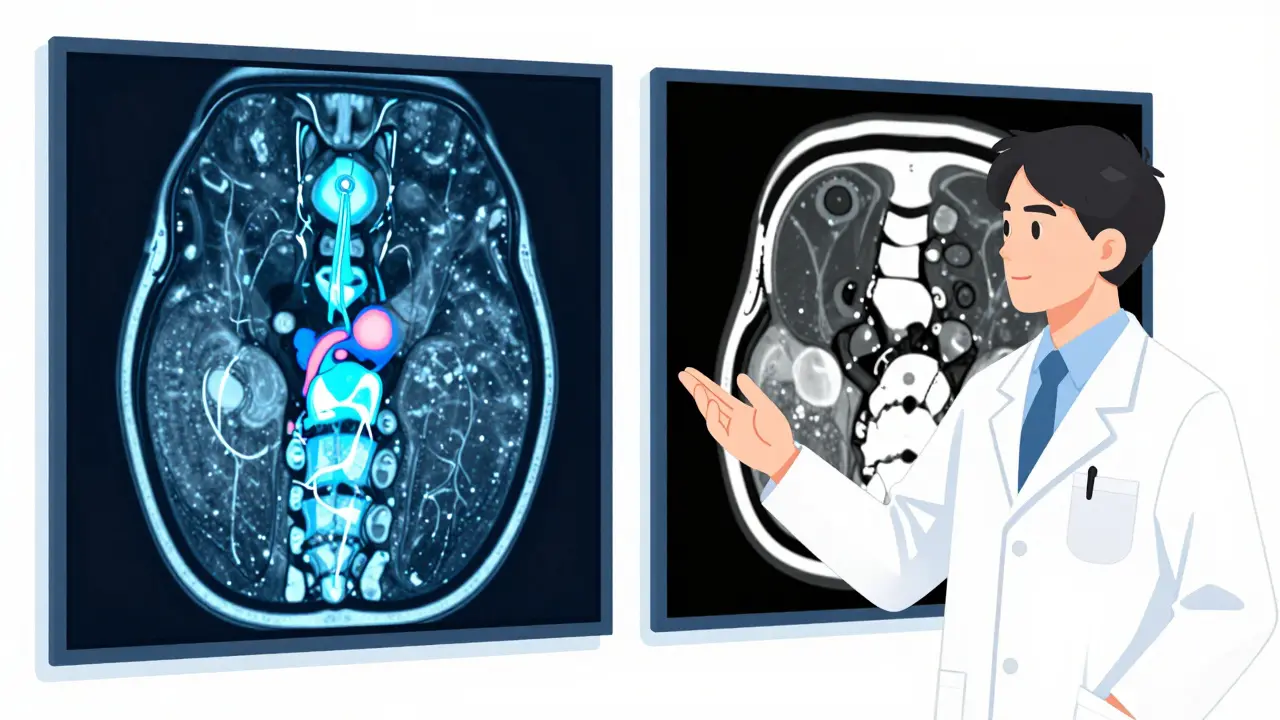 Illustration manhua comparant une image d'IRM et d'un scanner pour le diagnostic du dos.