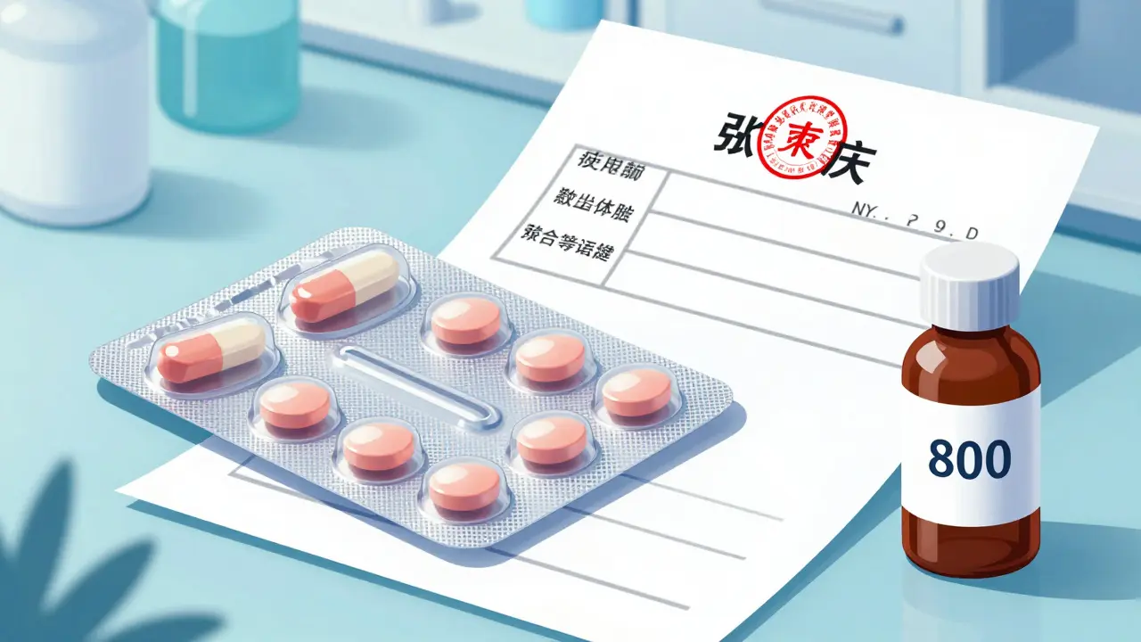 Illustration manhua de comprimés de Cerecetam et d'une ordonnance médicale.