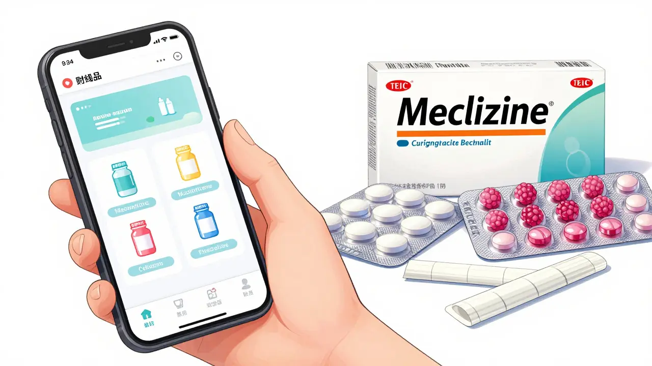 Interface de pharmacie en ligne et différents formats de méclizine en style manhua.