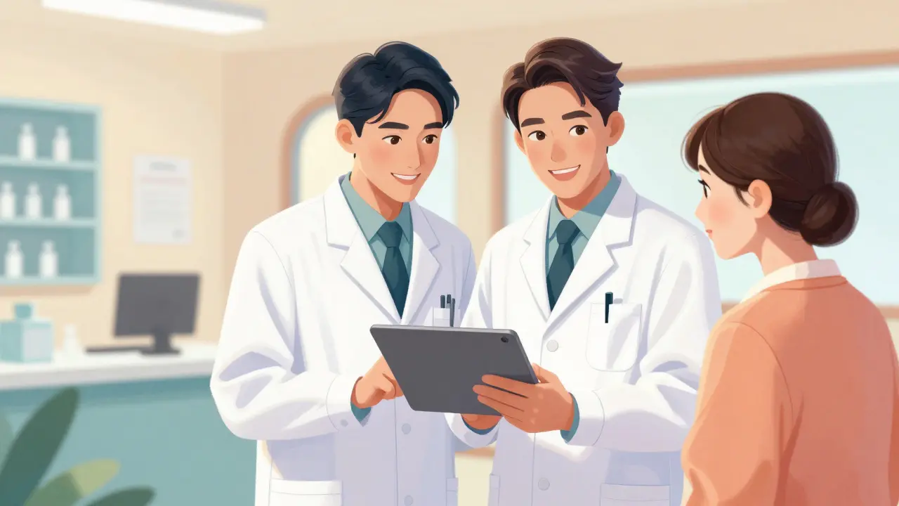 Médecin et pharmacien collaborant pour le soin d'un patient, style manhua.