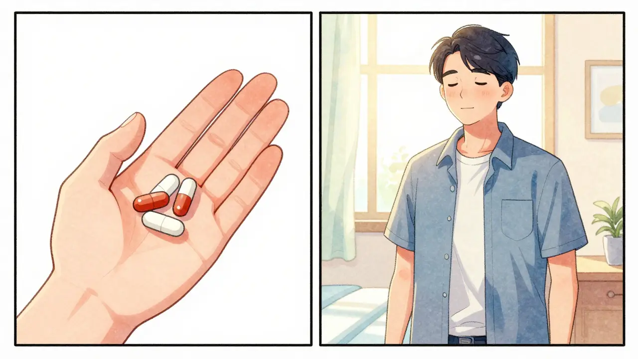 Patient serein tenant des médicaments génériques dans un environnement lumineux.