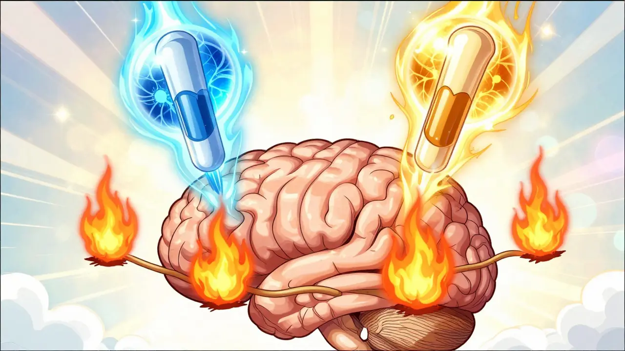 Représentation conceptuelle de médicaments éteignant des foyers de douleur dans le cerveau.