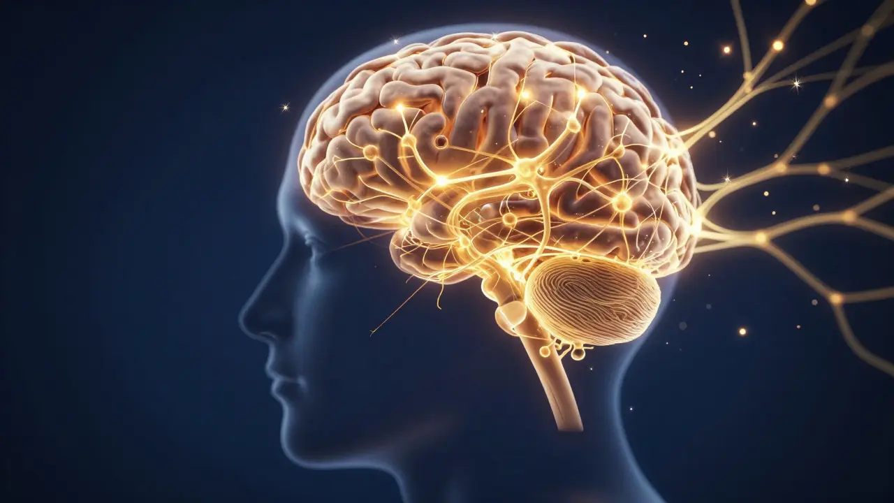 Représentation stylisée d'un cerveau avec des connexions neuronales lumineuses.