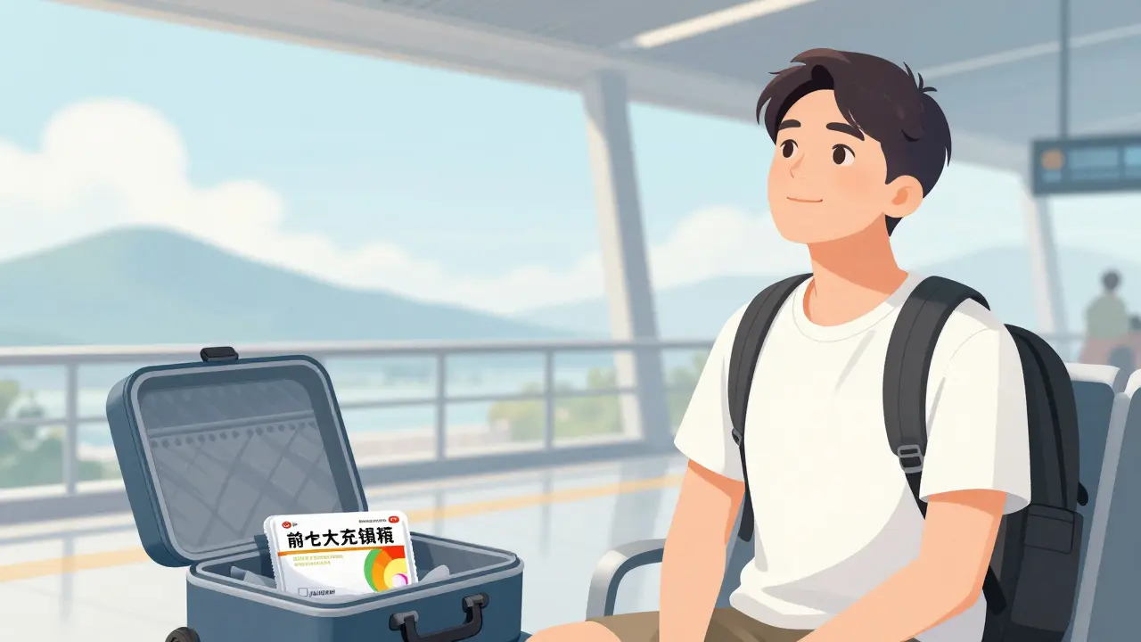 Voyageur serein et kit de voyage avec méclizine en style manhua chinois.