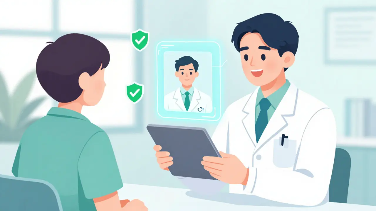 Consultation médicale en ligne sécurisée avec médecin certifié, illustrée au style manhua chinois.