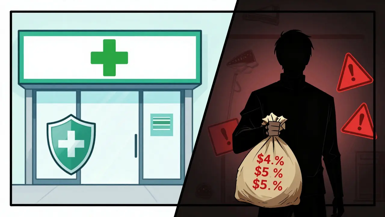 Illustration manhua comparant une pharmacie en ligne sécurisée avec un logo vert et un site suspect sombre et dangereux.