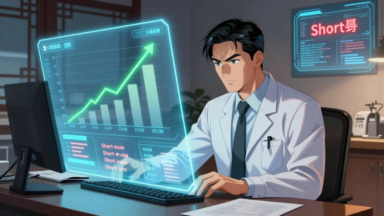 Illustration manhua : gestionnaire clinique analysant les économies et risques des stocks à courte date