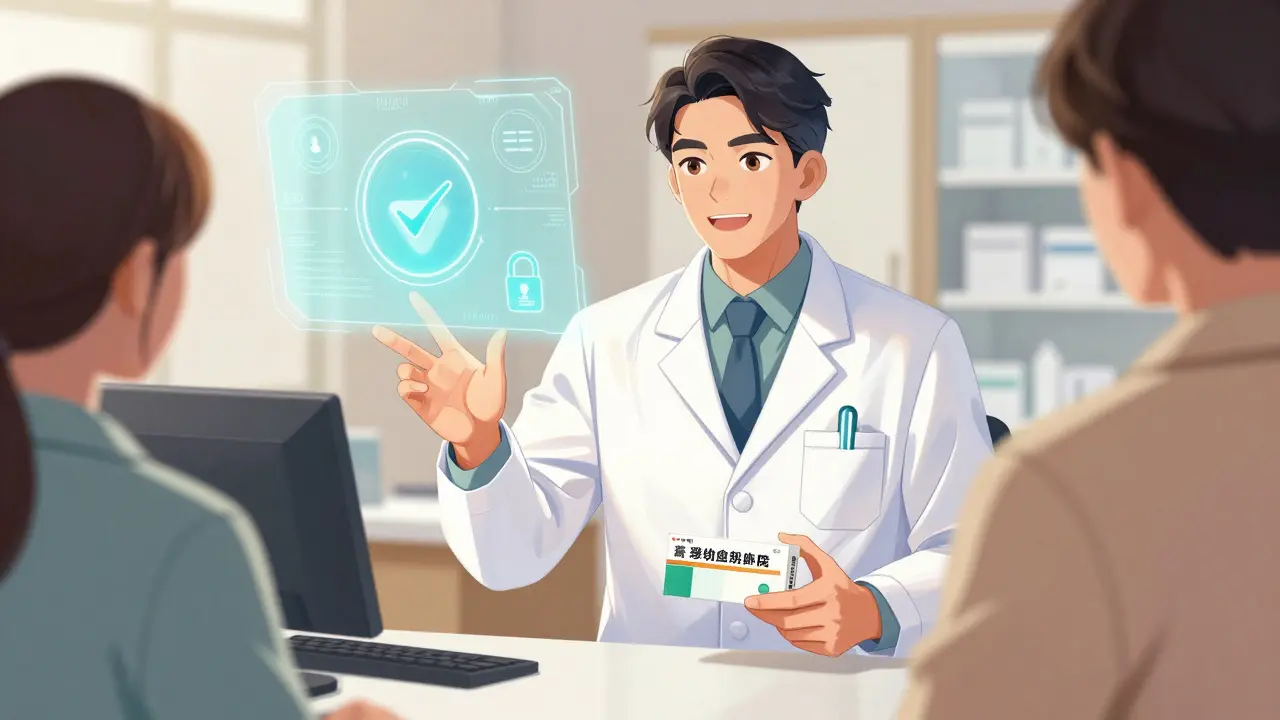 Pharmacien expliquant la sécurité d'achat au patient avec des icônes de vérification flottantes dans un style manhua.