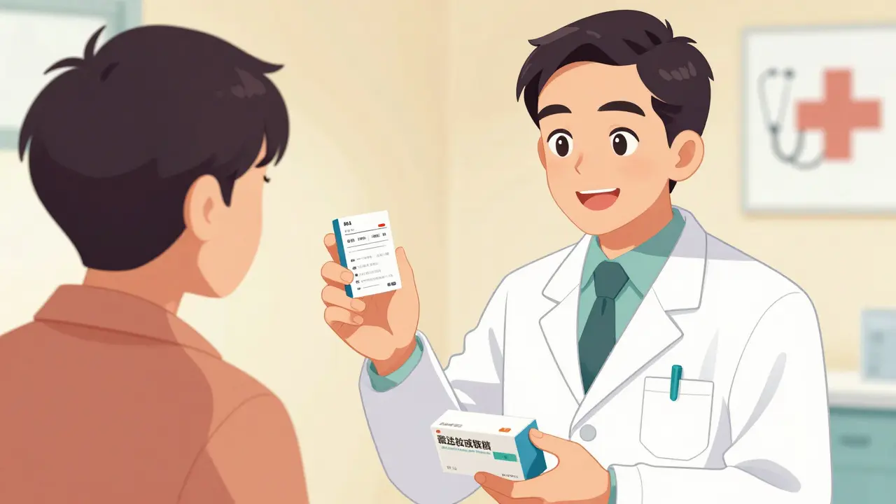 Pharmacien expliquant les étiquettes de médicaments à un client rassuré