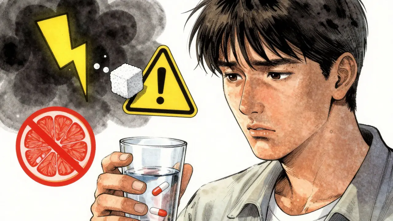 Portrait manhua d'un patient avec des symboles visuels des effets secondaires du traitement.