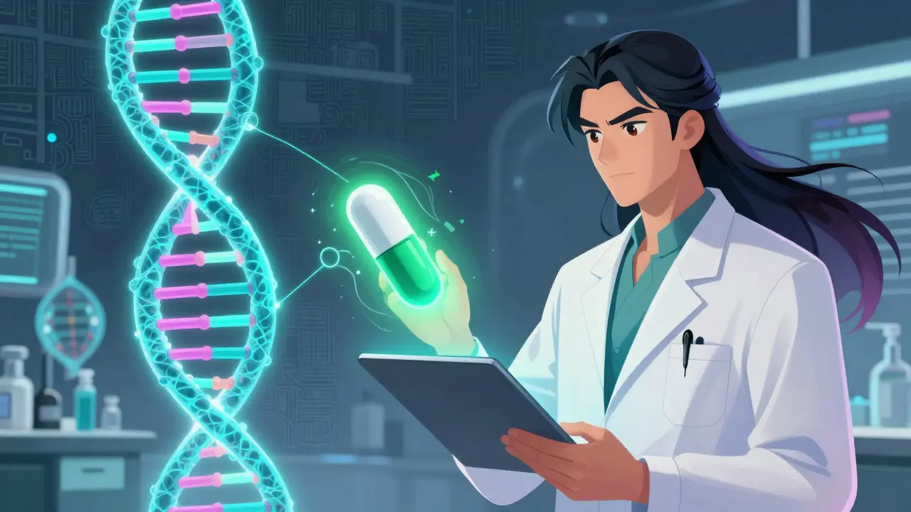 Scène manhua futuriste montrant la médecine personnalisée et l'ADN pour un traitement adapté.