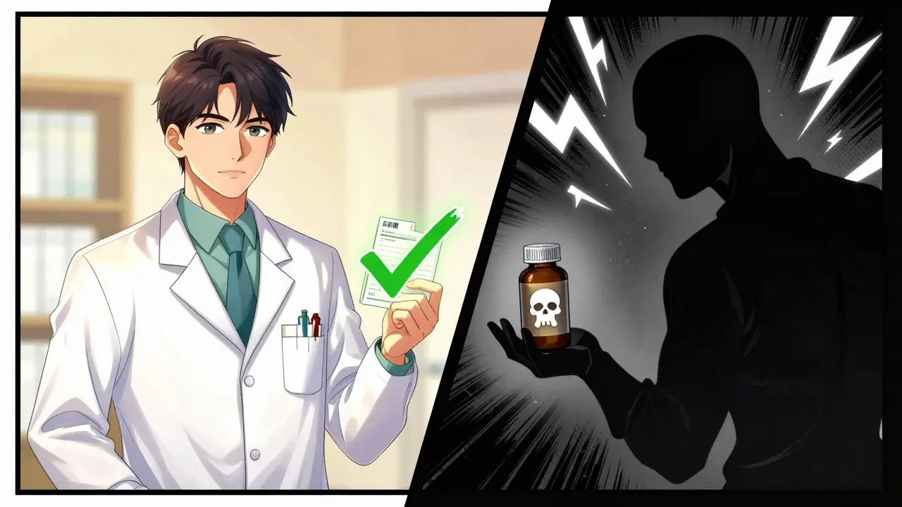 Comparaison entre pharmacie en ligne sûre et dangereuse, style manhua