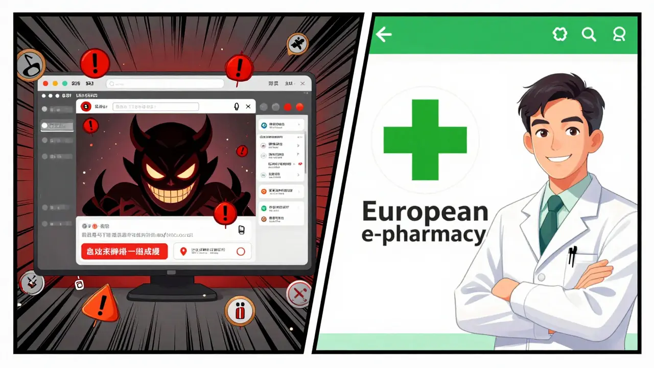 Comparaison manhua : pharmacie illégale vs légale avec logo européen