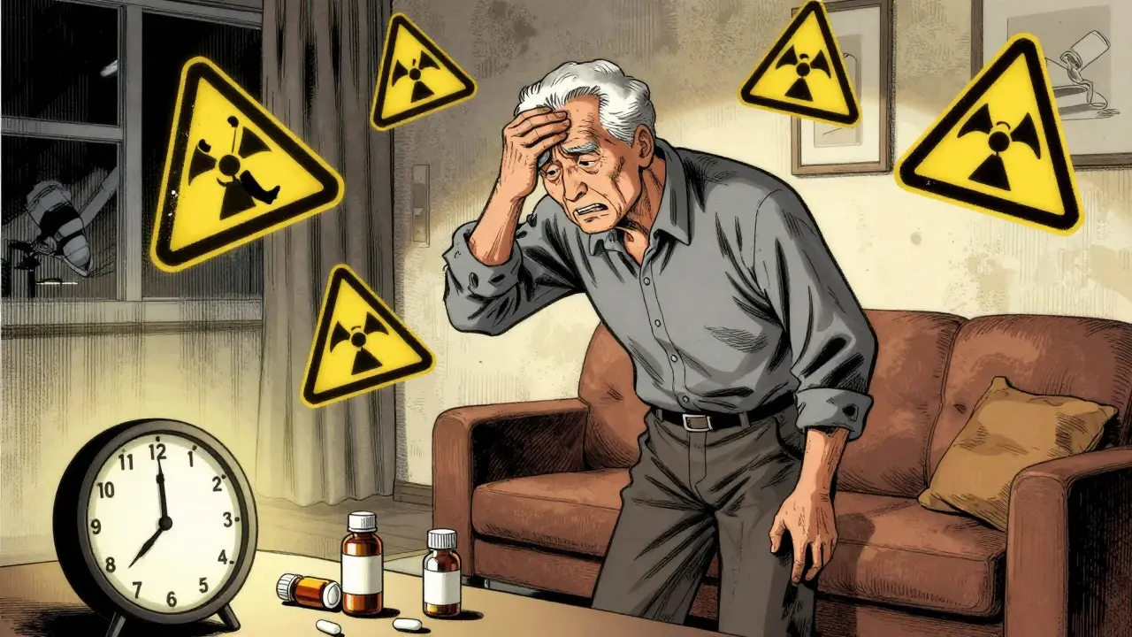Homme âgé titubant entouré de symboles de danger pour illustrer les risques