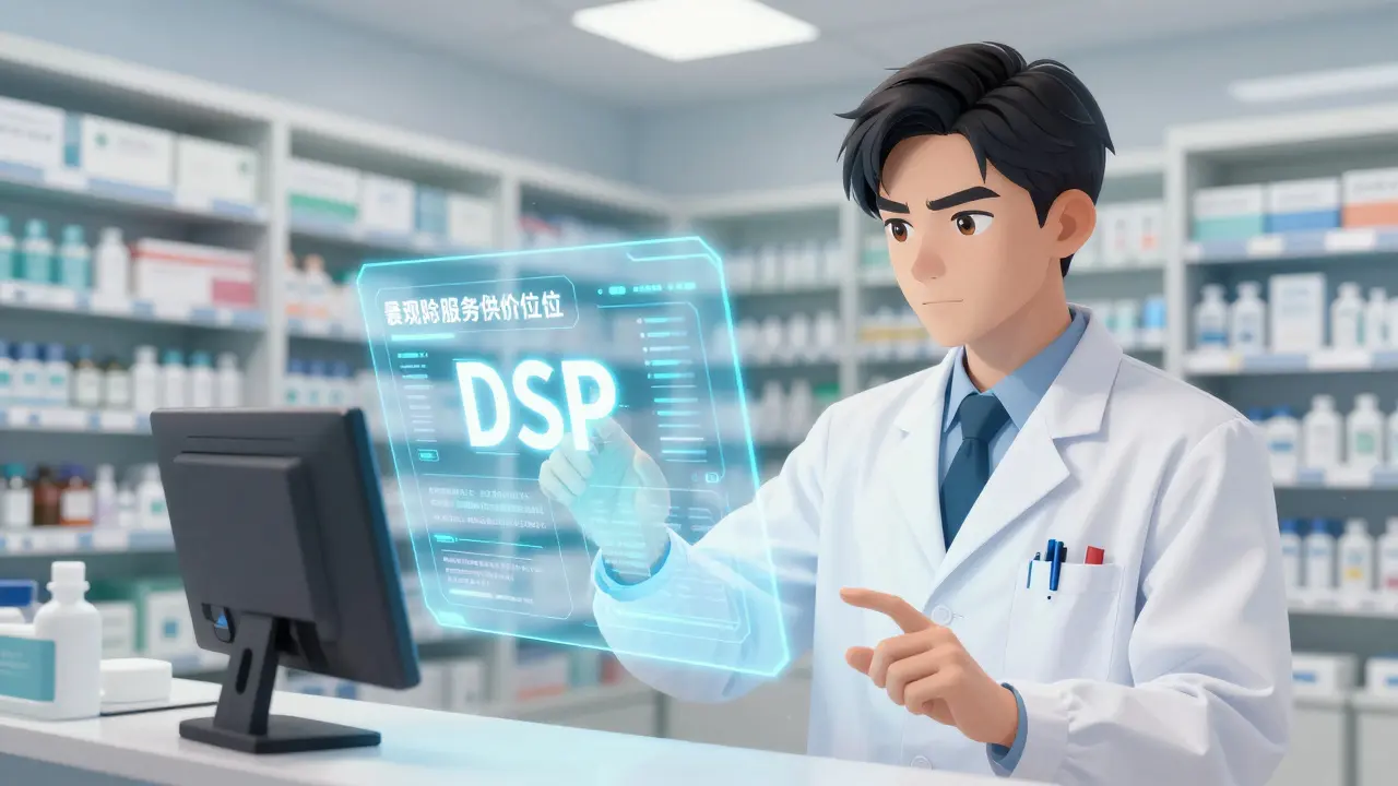 Illustration manhua d'une pharmacie numérique avec interfaces holographiques