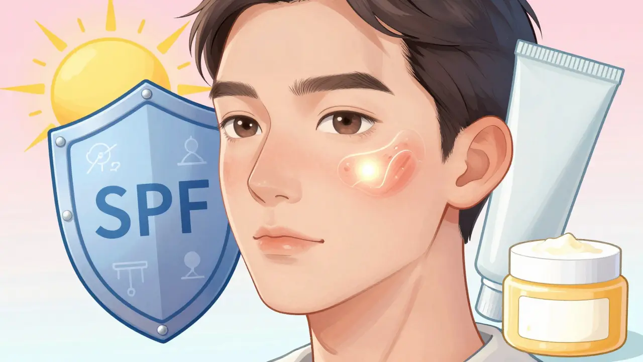 Illustration manhua : protection solaire et hydratation pour prévenir les cicatrices