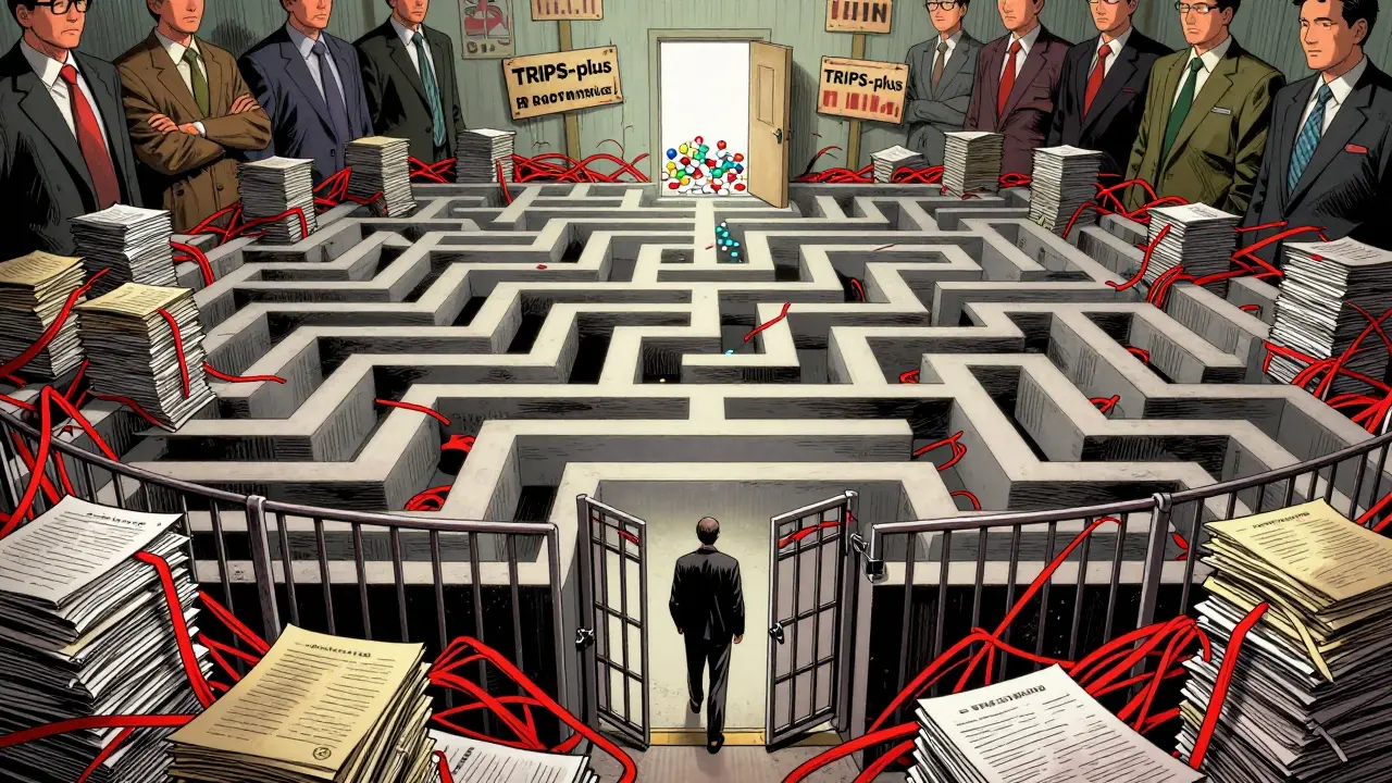 Labyrinthe bureaucratique bloquant l'accès aux génériques illustré en style manhua