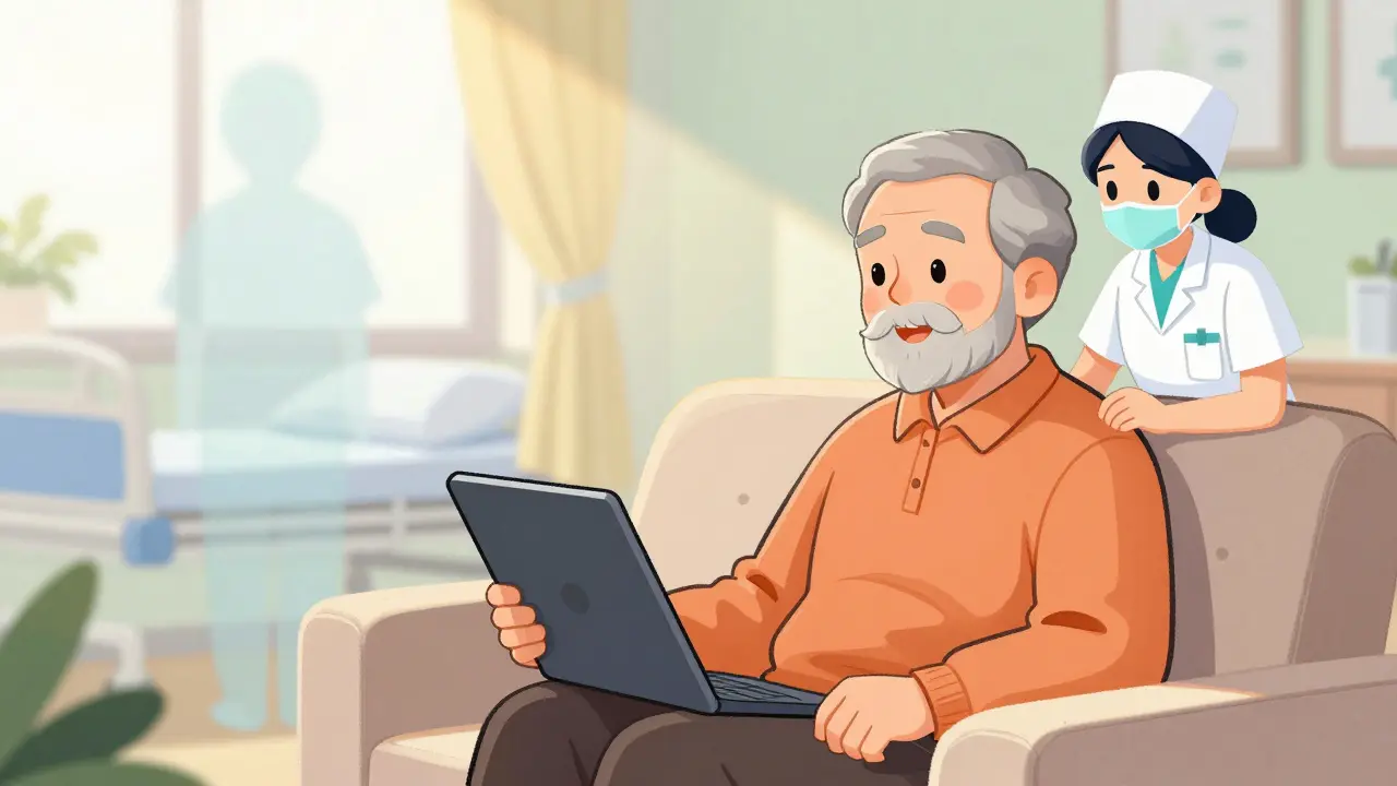 Patient âgé en téléconsultation à la maison, style dessin animé manhua