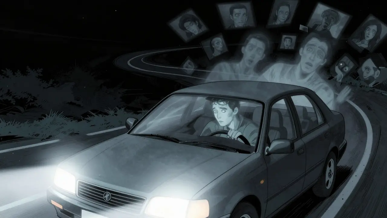 Silhouette fantomatique conduisant une voiture dans la nuit, symbole d'amnésie