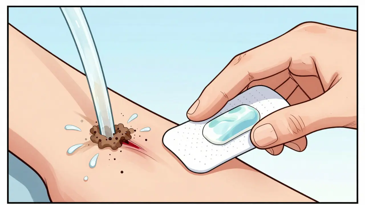 Style manhua : nettoyage doux d'une plaie à l'eau et application d'un pansement humide