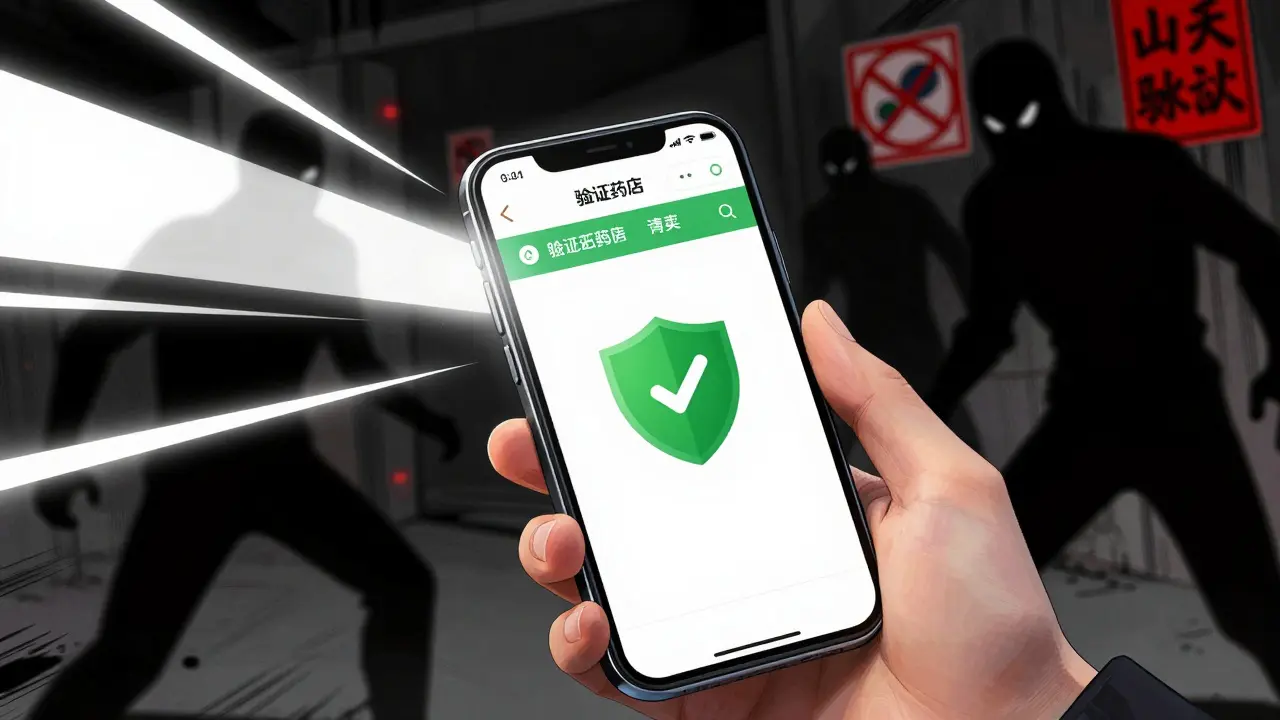 Vérification de la sécurité d'une pharmacie en ligne sur smartphone