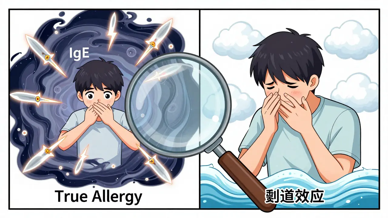 Illustration comparant allergie vraie et effet secondaire avec des symboles visuels