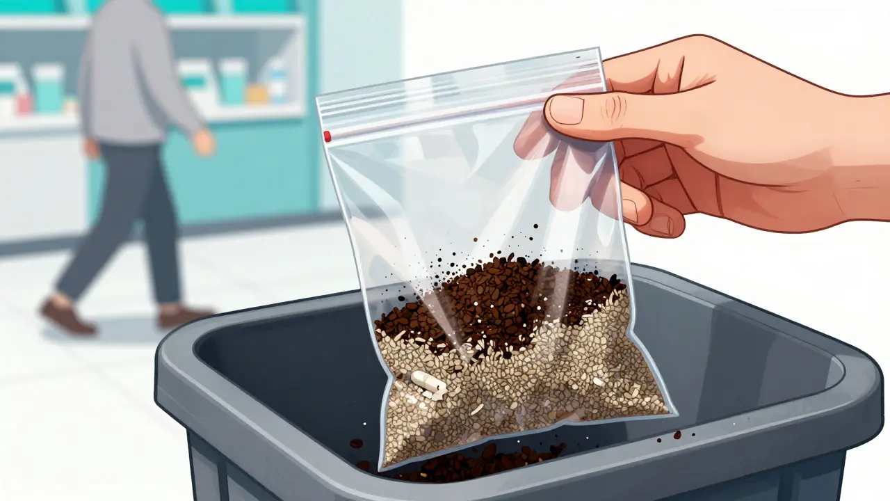 Médicaments périmés mélangés à du marc de café dans un sac scellé