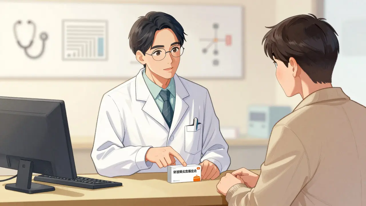 Pharmacien expliquant l'importance du fabricant au patient