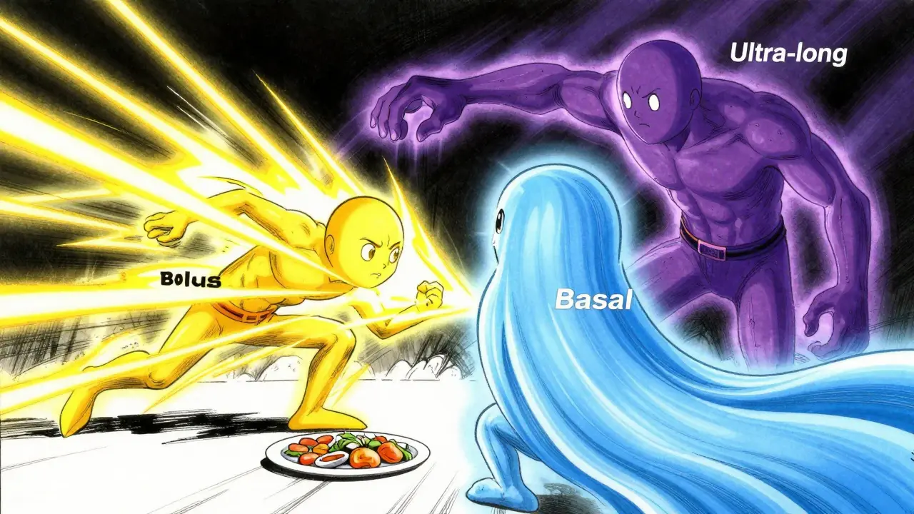 Représentation artistique des types d'insuline : rapide, basale et ultra-longue