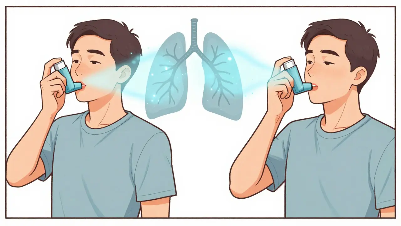 Séquence illustrée en style manhua des étapes correctes pour utiliser un inhalateur