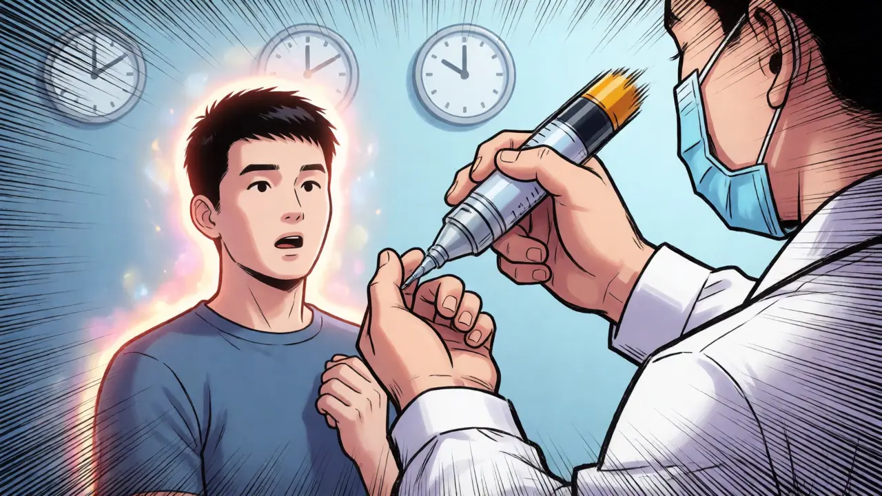 Action rapide d'un professionnel de santé administrant un antidote après une réaction allergique rare.