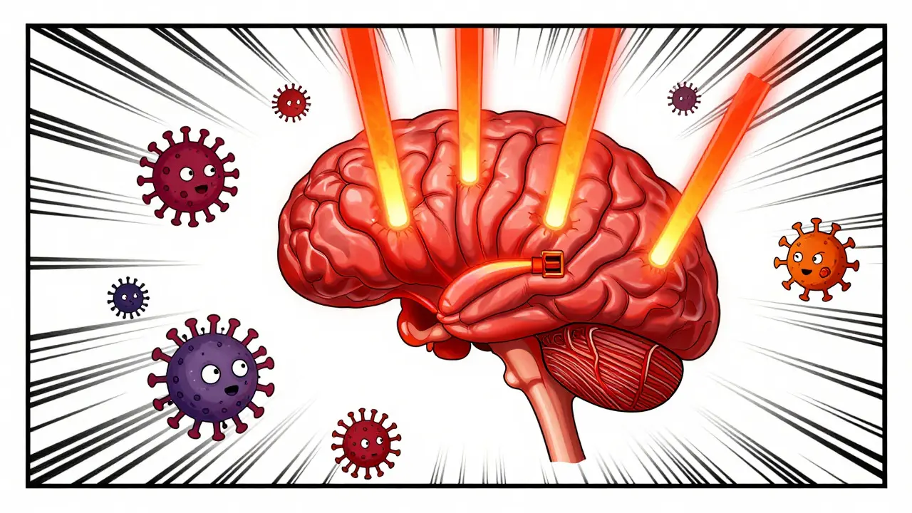 Illustration manhua montrant l'hypothalamus comme thermostat défendant contre les virus