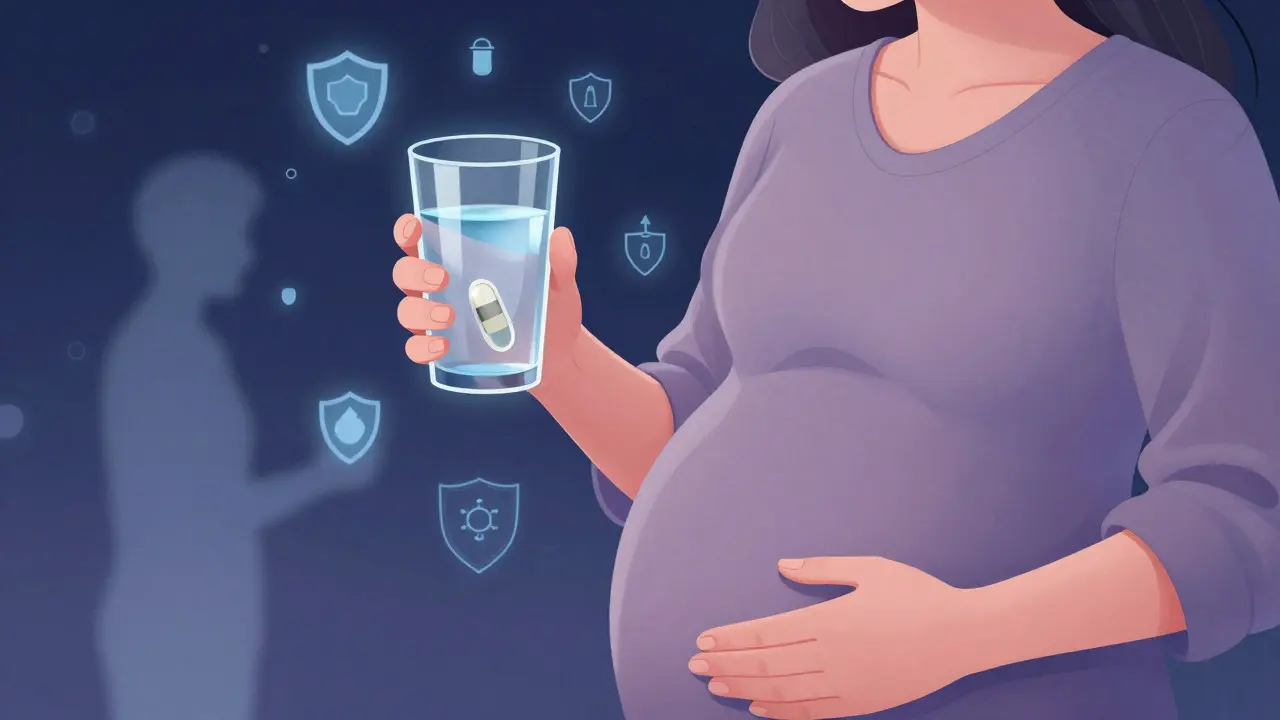 Mains d'une femme enceinte tenant de l'eau et un comprimé de gingembre