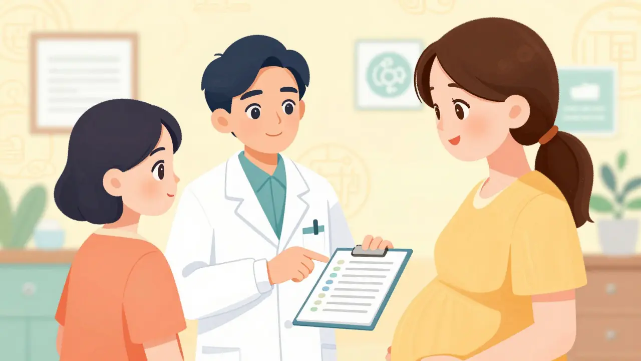 Médecin conseillant une femme enceinte dans un style manhua