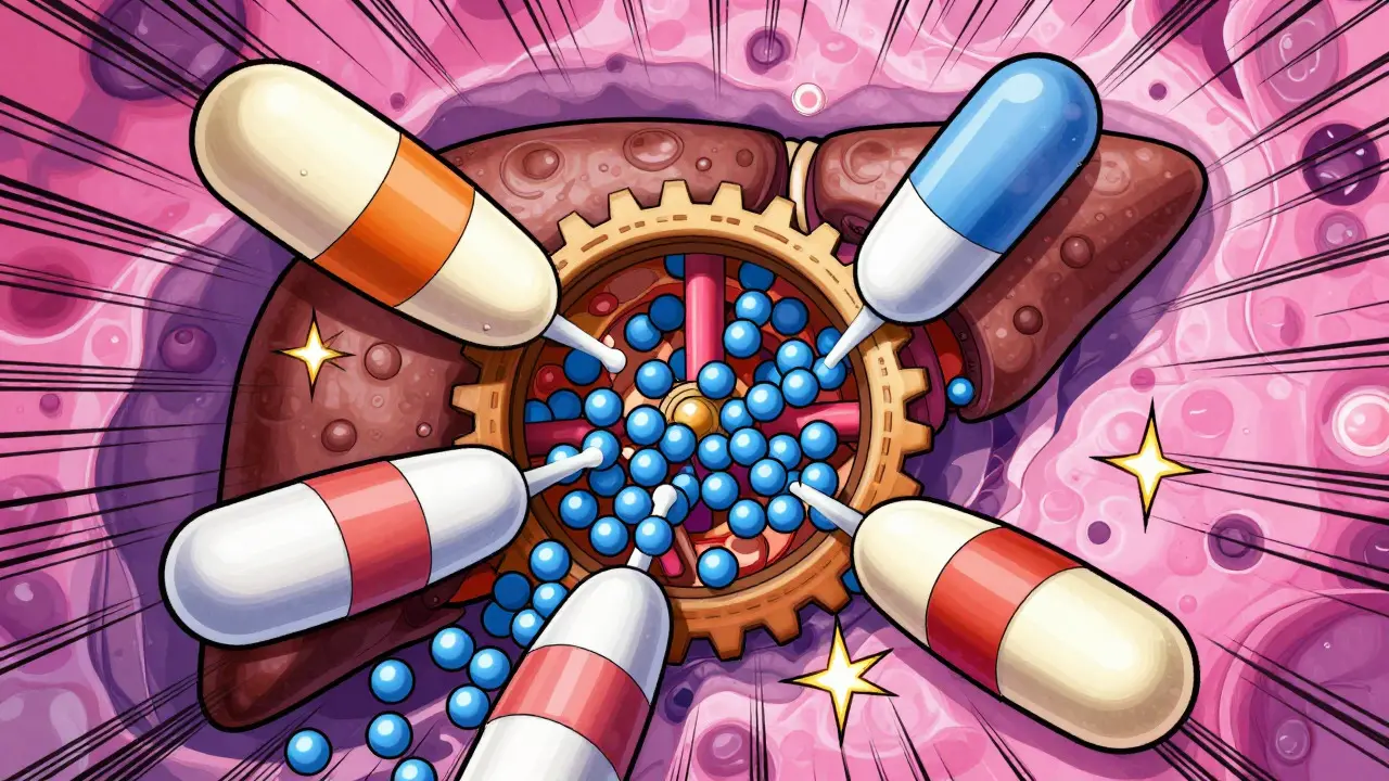 Microscopic view of drug molecules blocking liver enzymes in a cartoon style