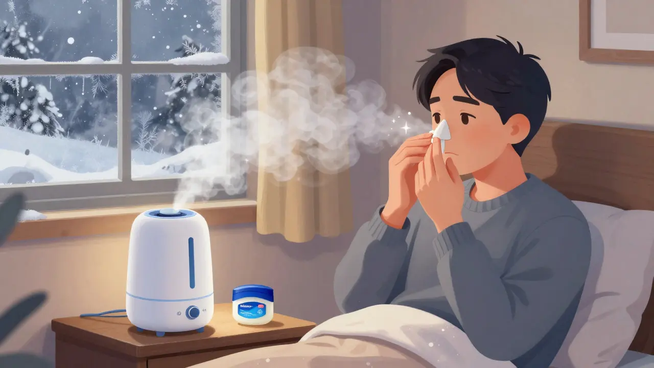 Personnage utilisant un humidificateur et un gel nasal dans une chambre d'hiver