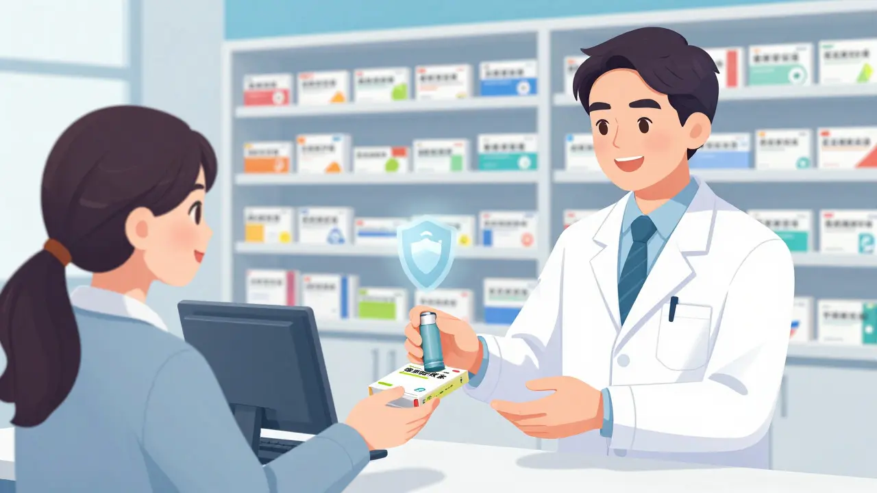 Pharmacien remettant une commande sécurisée à un client
