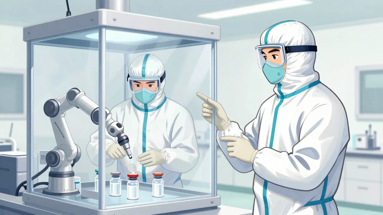 Techniciens en combinaisons stériles travaillant dans un isolateur haute technologie