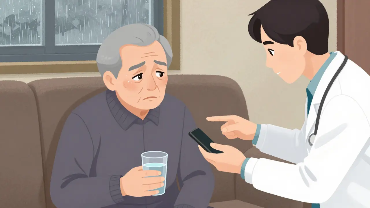 Une personne âgée fragile et un proche appelant un médecin dans le style manhua