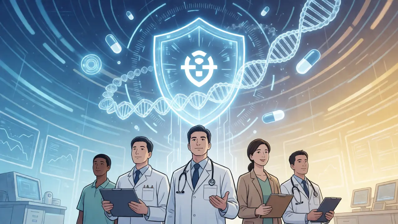Concept futuriste montrant une harmonisation des lois avec un bouclier protecteur et des personnages confiants.